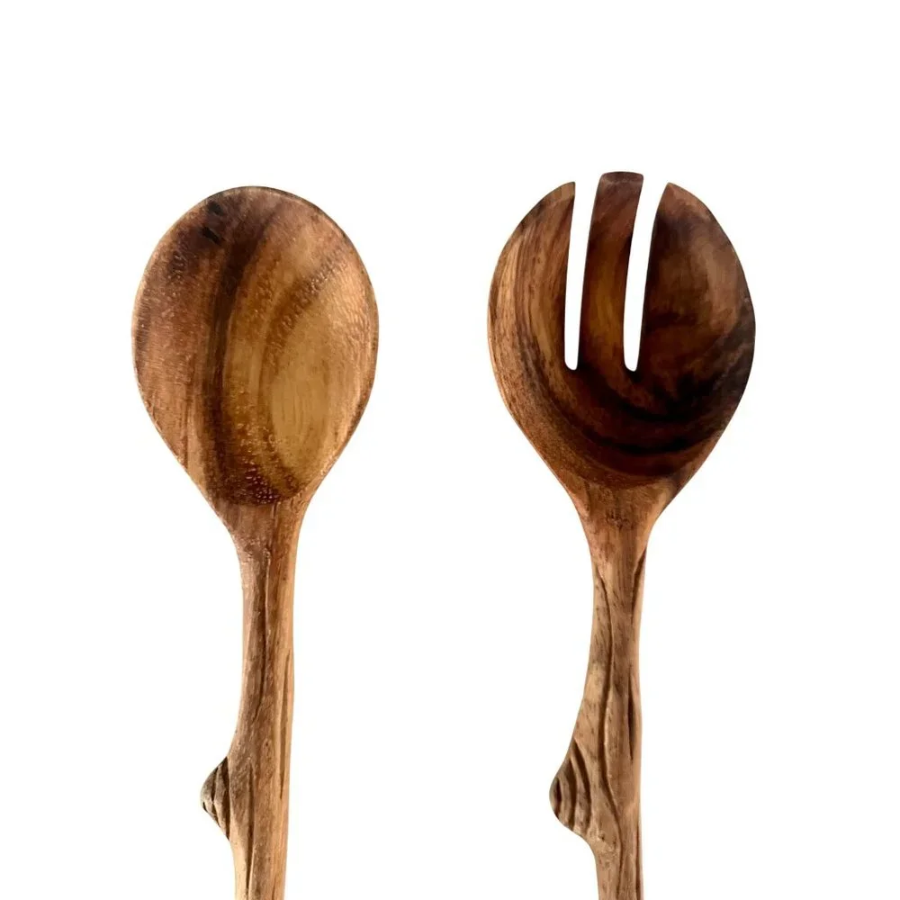Handcrafted Wooden Salad Serving Spoon & Fork Set Branch Twig Design Rustic - Picture 3 of 4